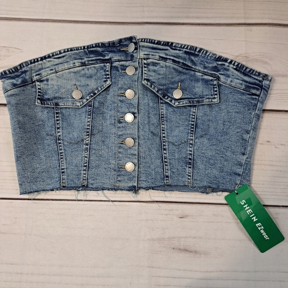 SHEIN Denim Button-Up Crop Top - Picture 1 of 7